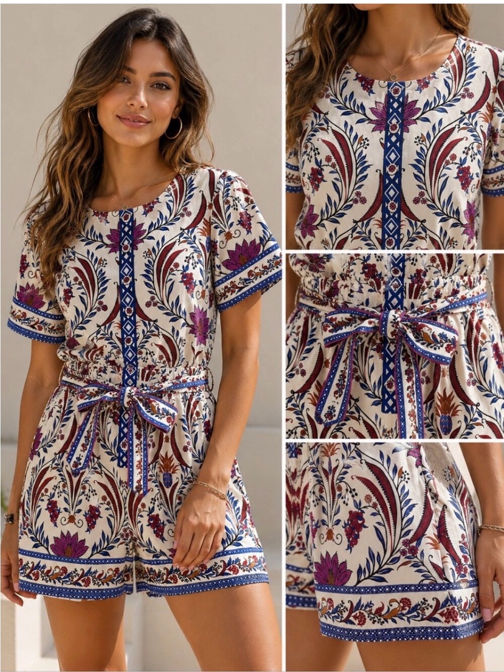 House of Harlow 1960 Cream Romper with Blue & Purple Paisley Motif